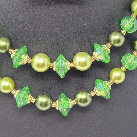Vintage 80s Double Strand Choker Necklace‎ Green Gold Beaded Multi-strand - Picture 2 of 14